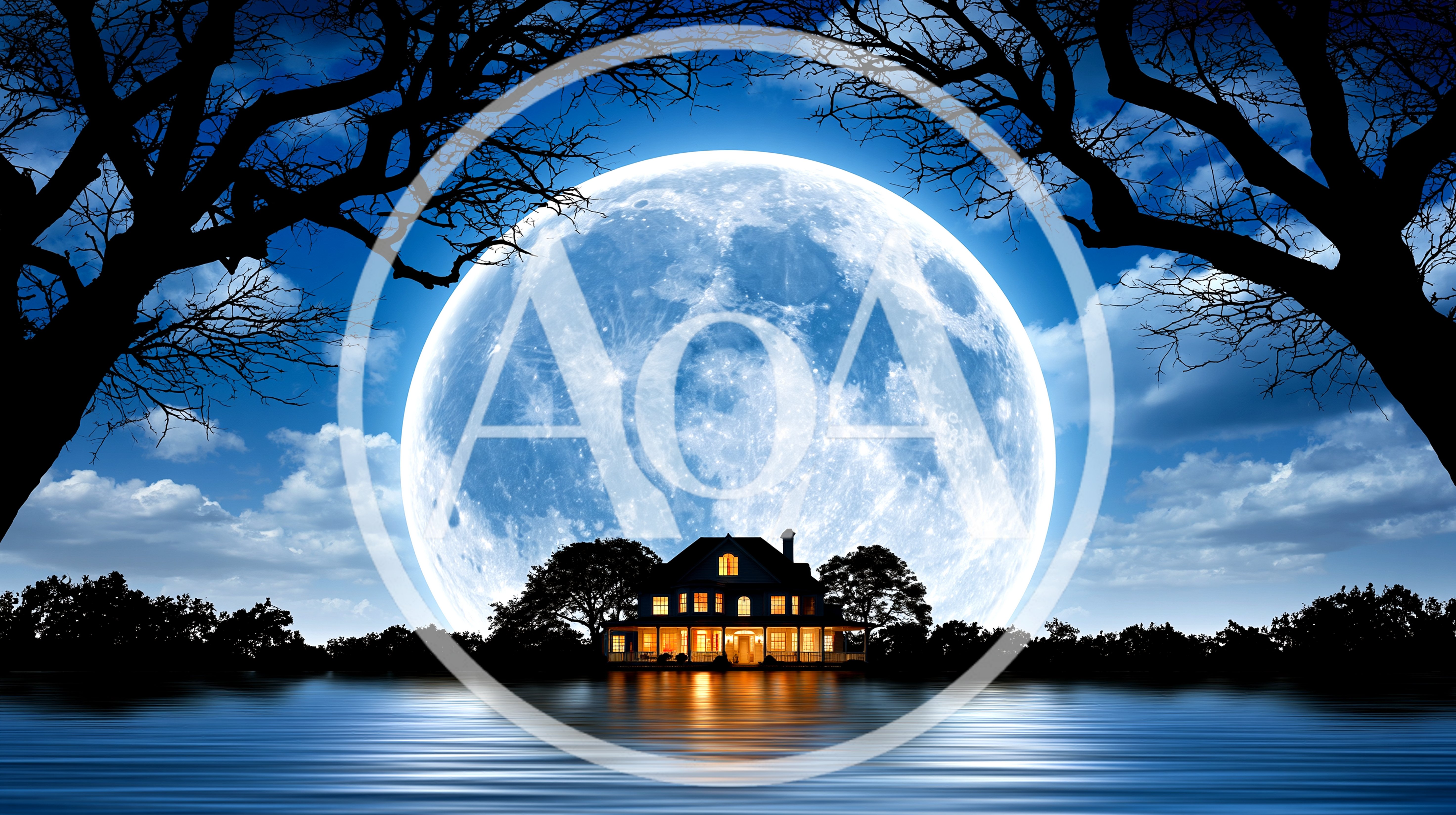 Large Full Moon Over A Lakeside House At Night