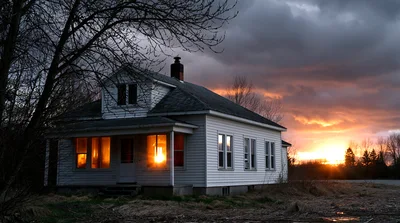 White Farmhouse At Sunset With Glowing Windows