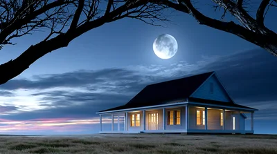 Farmhouse Under Full Moon At Twilight
