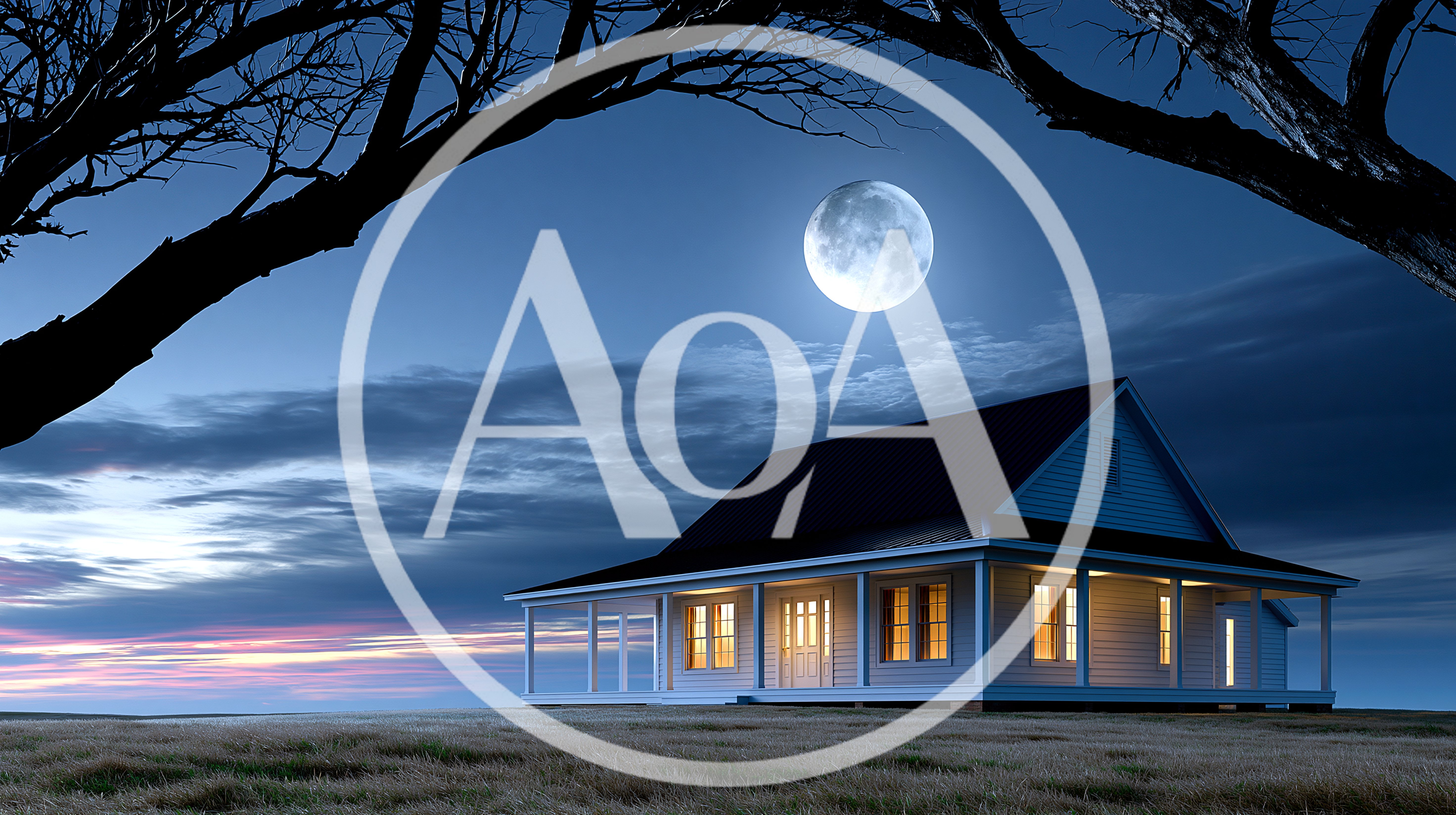 Farmhouse Under Full Moon At Twilight