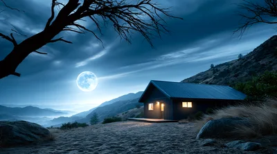 Small Cabin Under Full Moon In Mountain Landscape