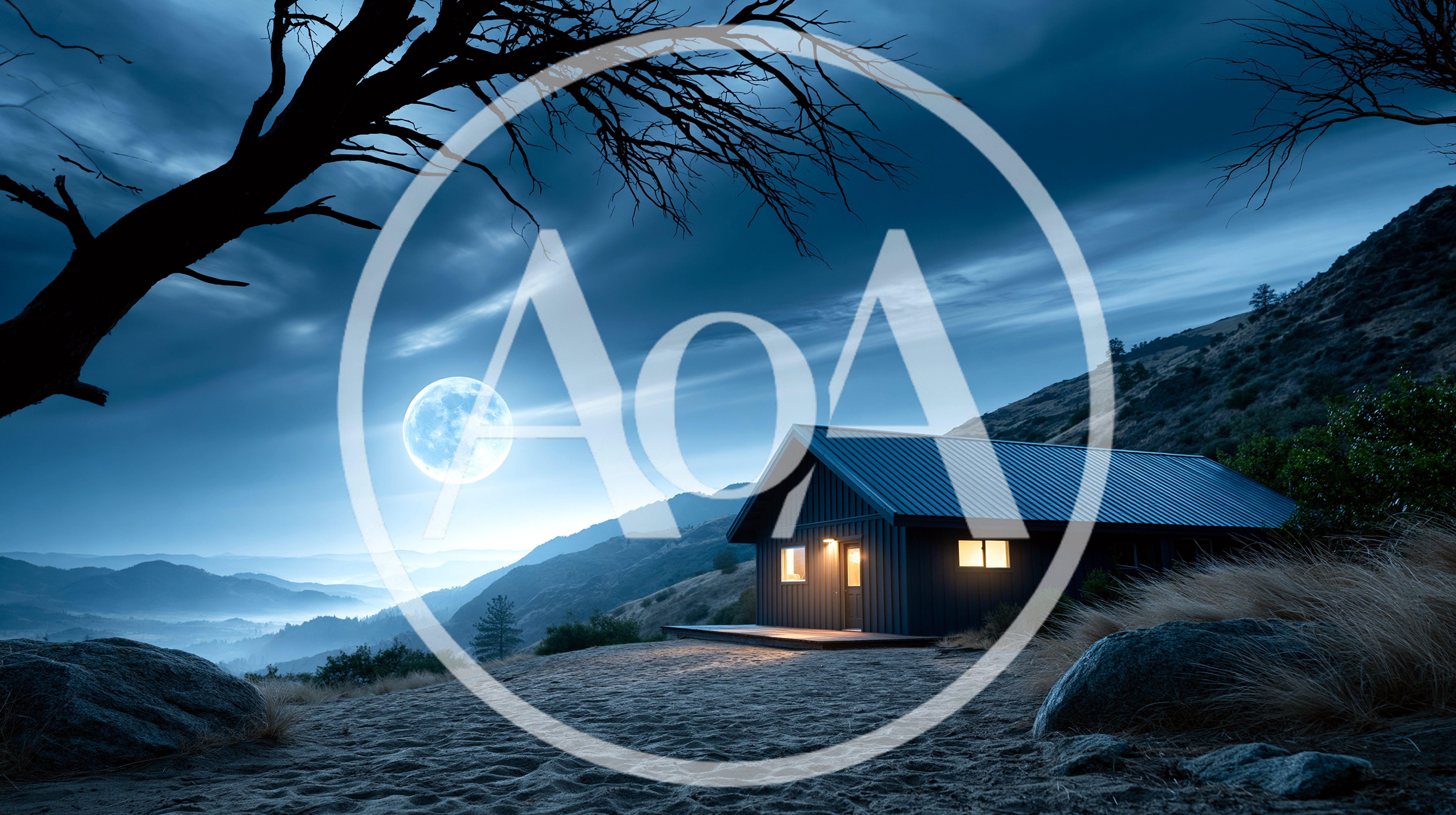 Small Cabin Under Full Moon In Mountain Landscape