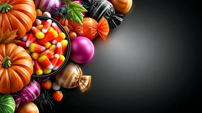 Halloween Candy And Pumpkins On Dark Background
