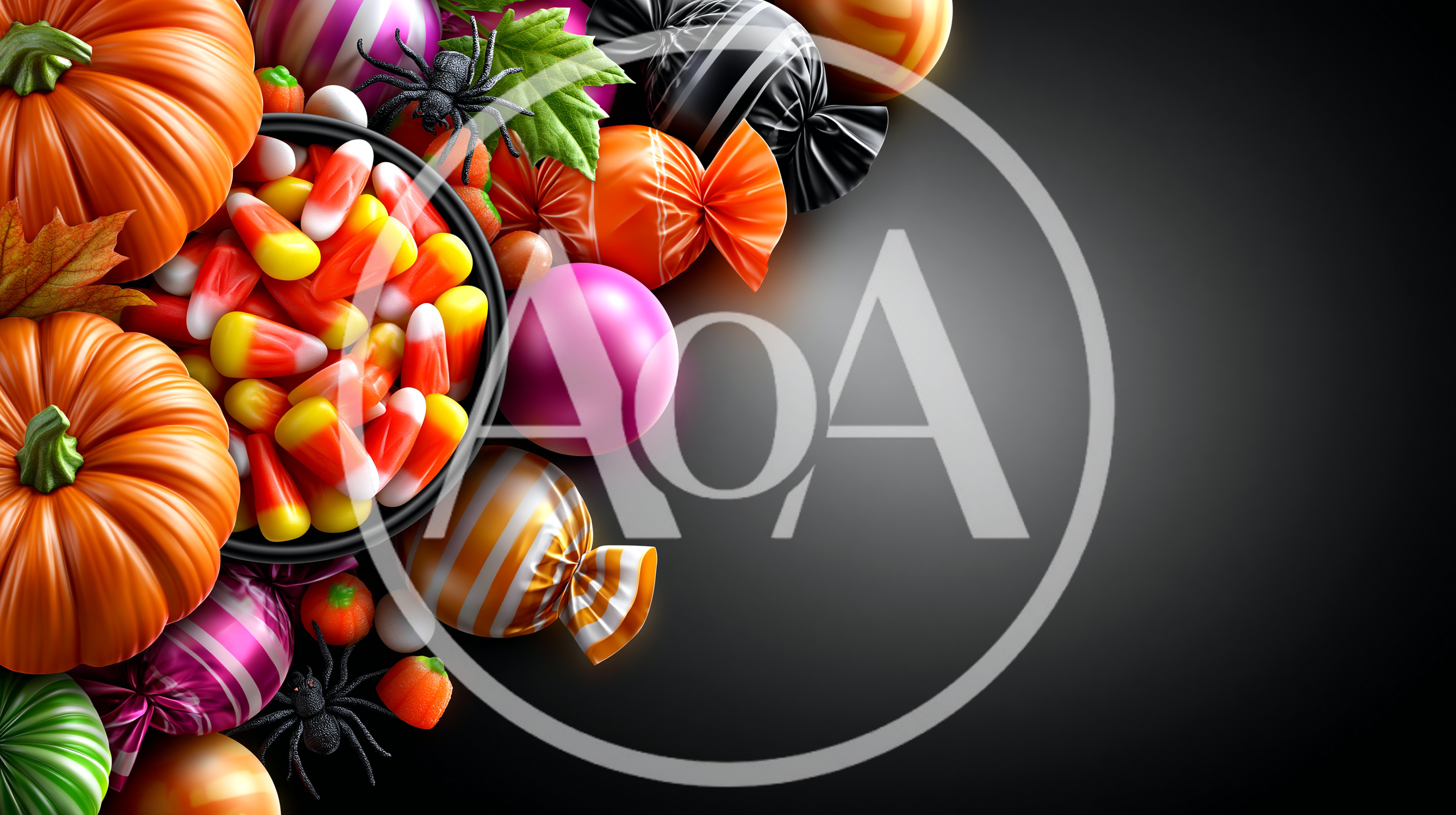 Halloween Candy And Pumpkins On Dark Background