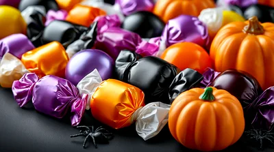 Halloween Candy Assortment With Pumpkins And Spiders