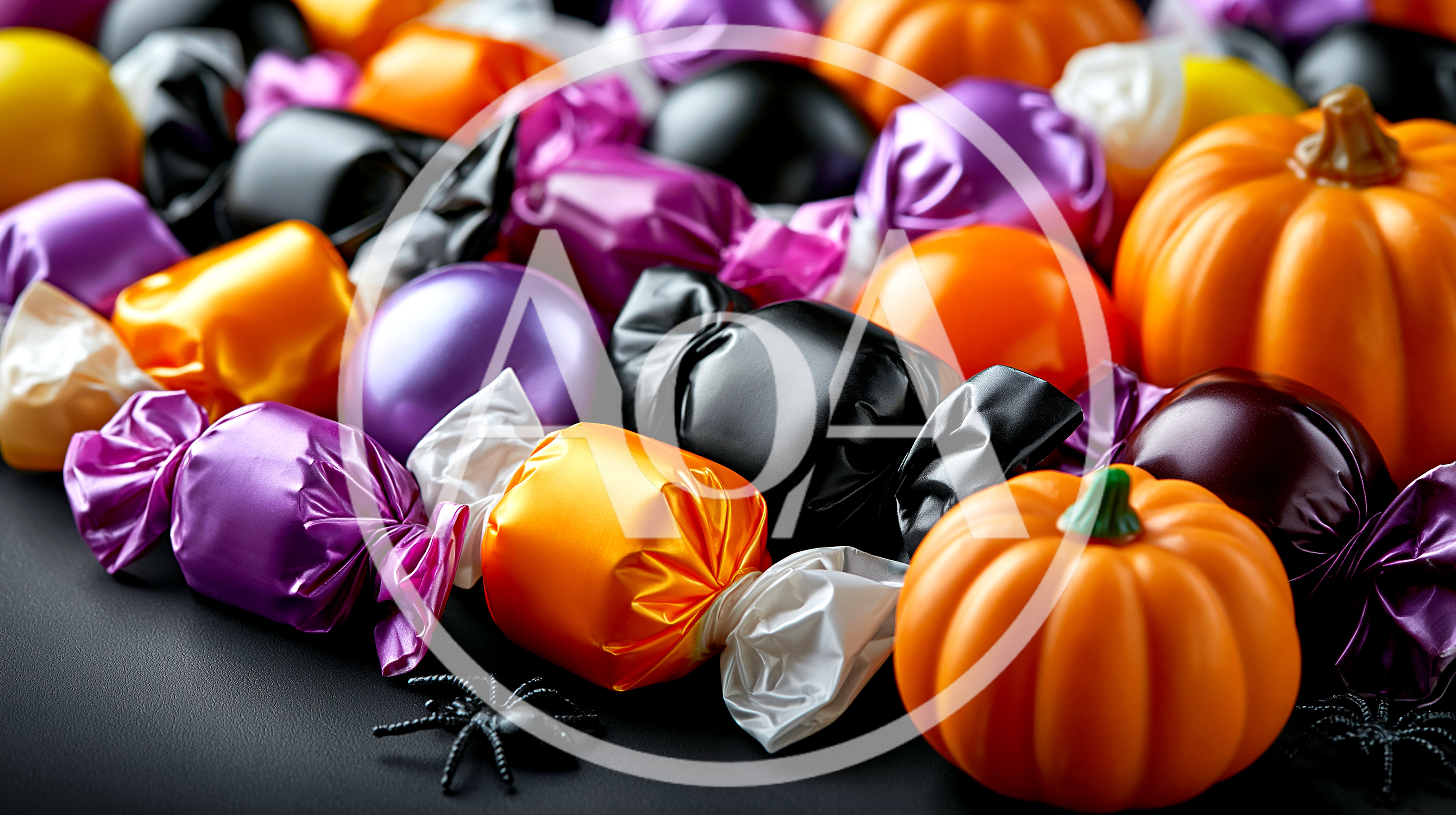 Halloween Candy Assortment With Pumpkins And Spiders