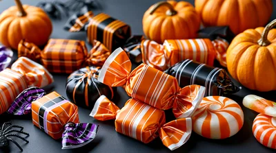 Halloween Candy Assortment With Pumpkins And Spiders