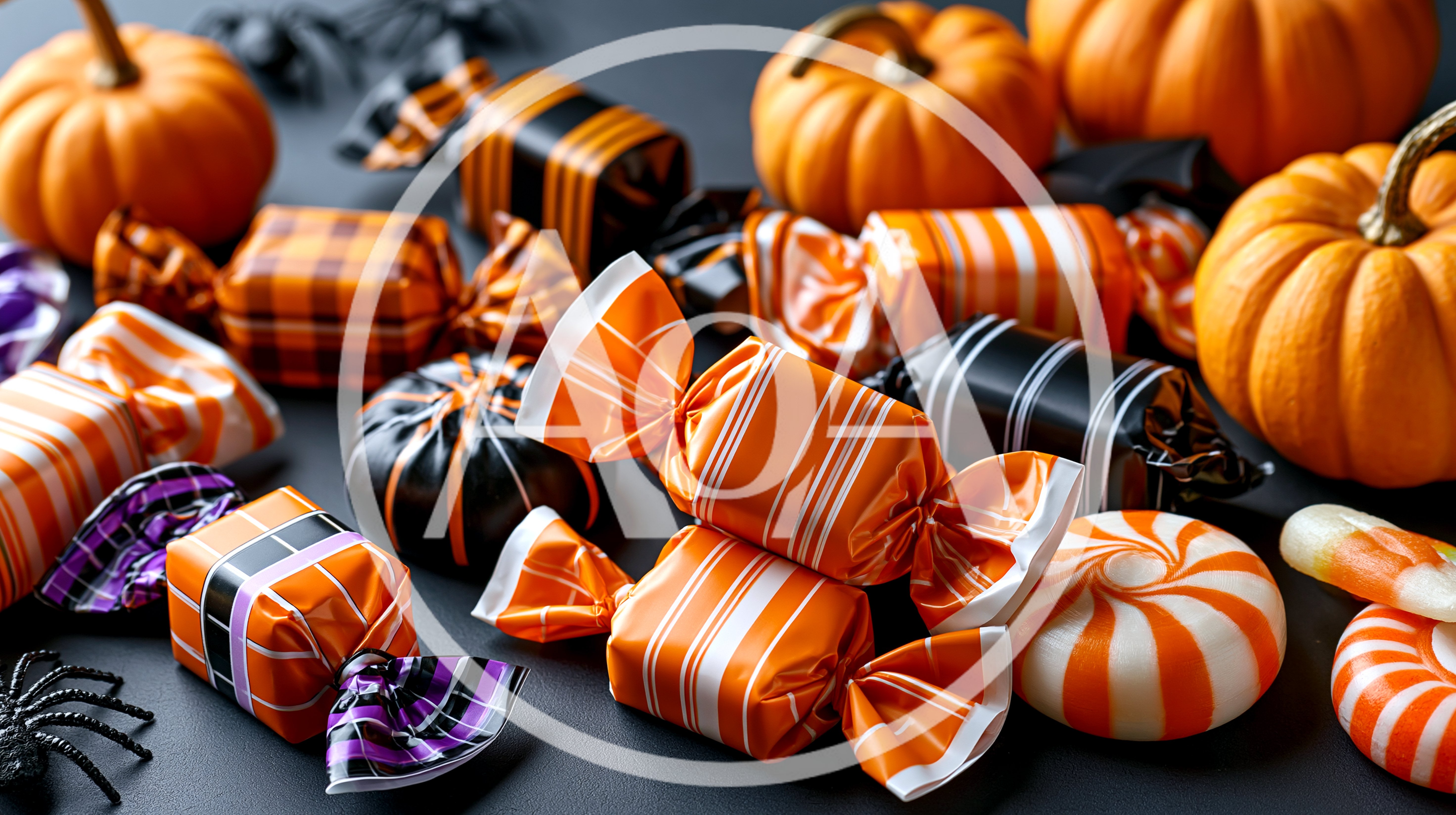Halloween Candy Assortment With Pumpkins And Spiders