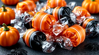 Halloween Candy Wrapped In Orange And Black Foil
