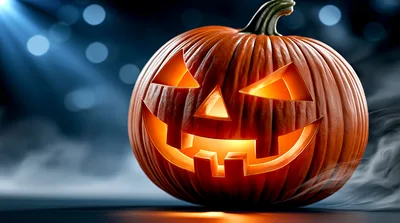 Glowing Jack O Lantern Pumpkin In Foggy Night