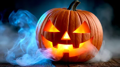 Glowing Jack O Lantern Pumpkin With Blue Smoke