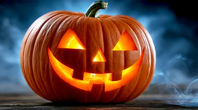 Glowing Jack O Lantern Pumpkin On Wooden Surface