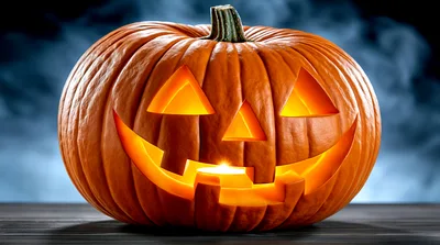 Glowing Jack O Lantern Pumpkin On Dark Surface