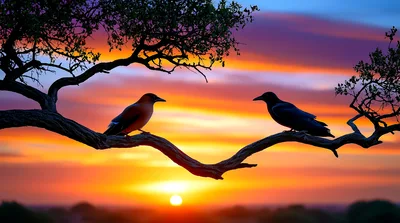 Two Birds Perched On A Tree Branch At Sunset