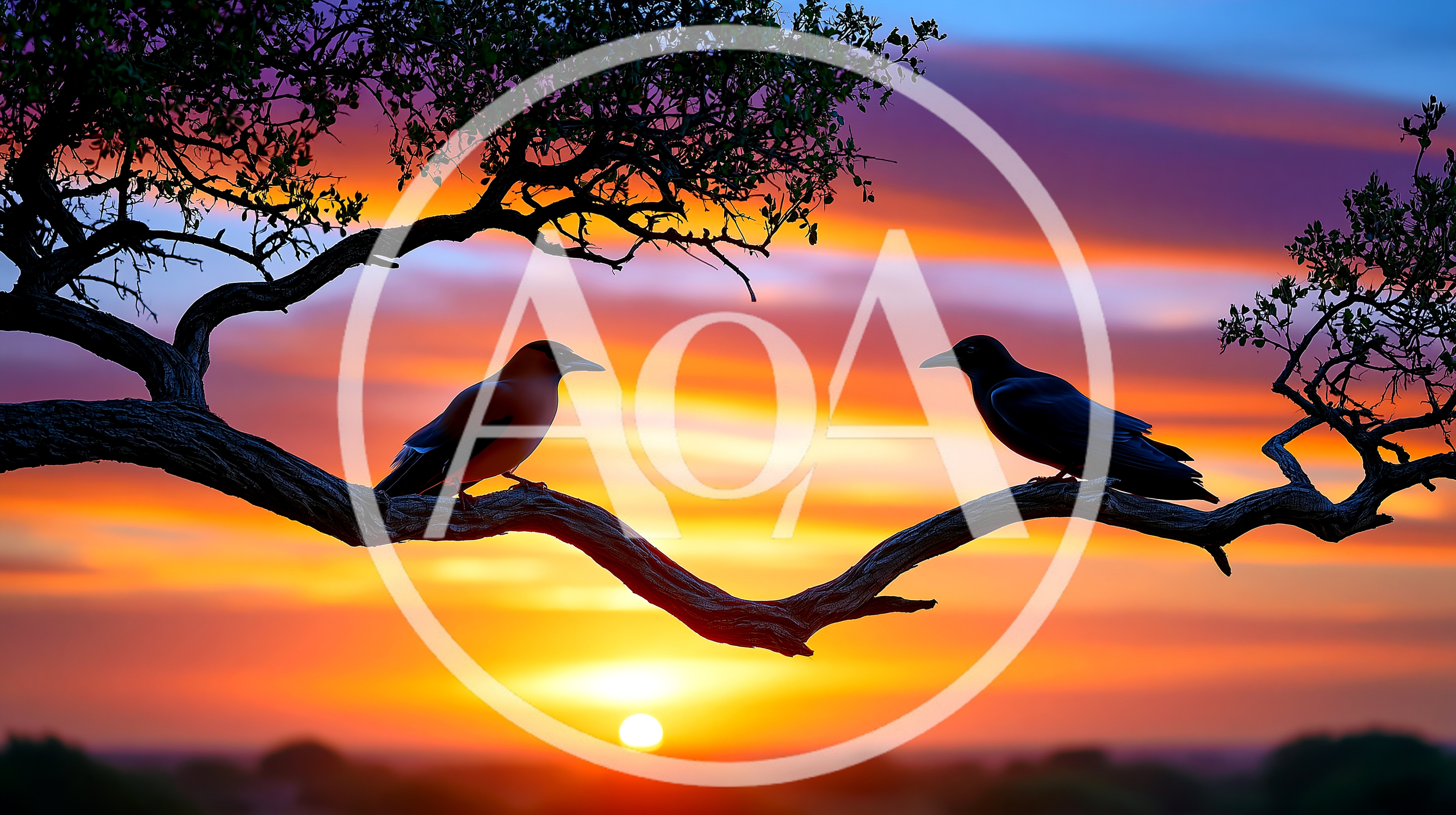 Two Birds Perched On A Tree Branch At Sunset