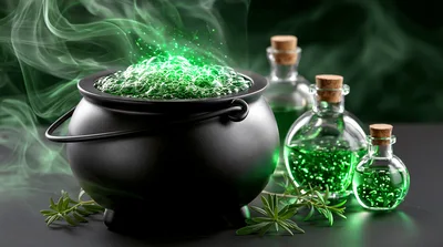 Black Cauldron With Bubbling Green Potion And Glass Vials