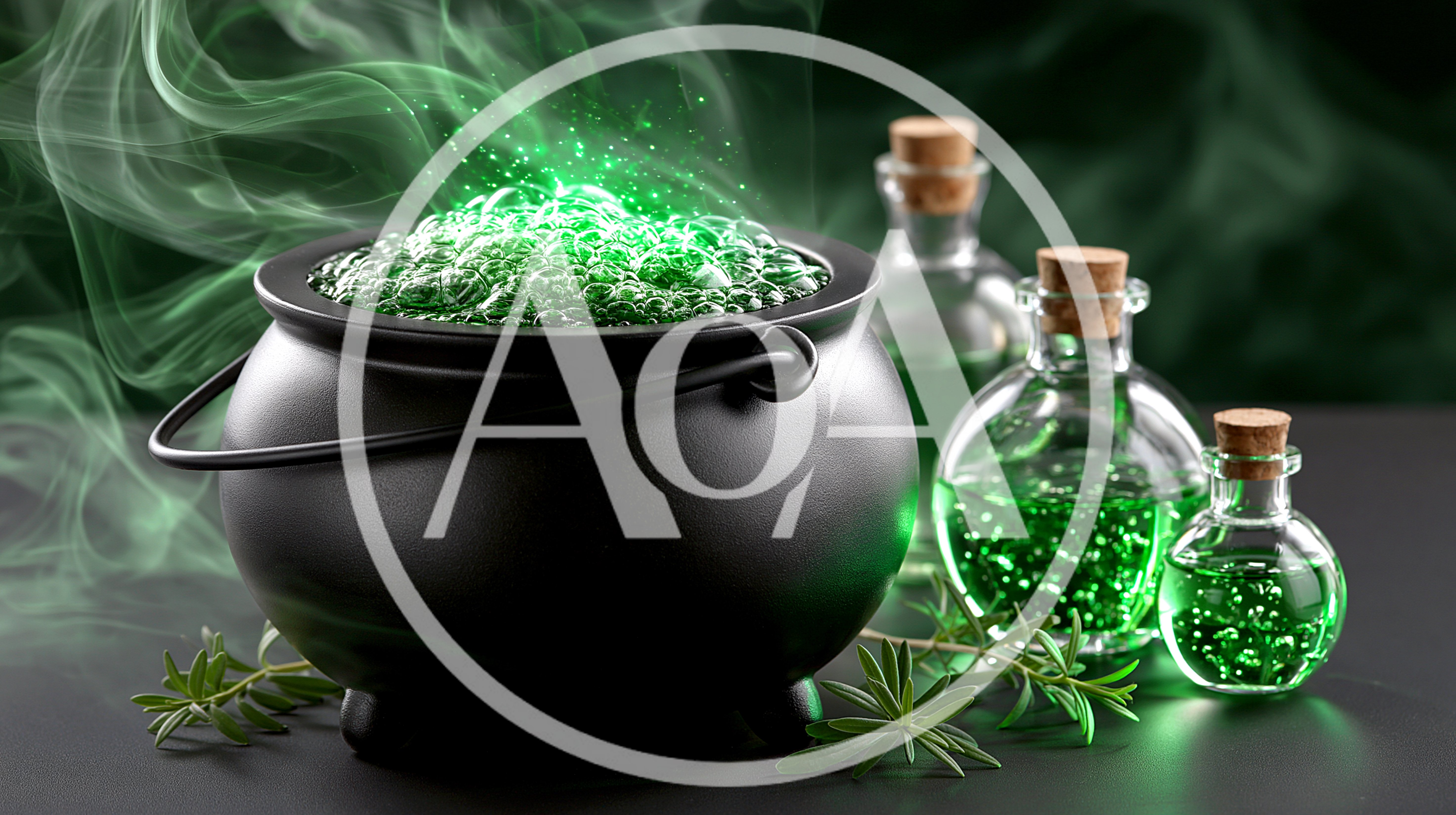Black Cauldron With Bubbling Green Potion And Glass Vials