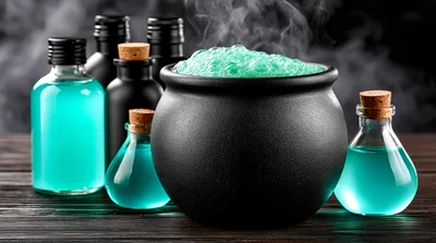 Black Cauldron With Bubbling Green Potion And Glass Bottles