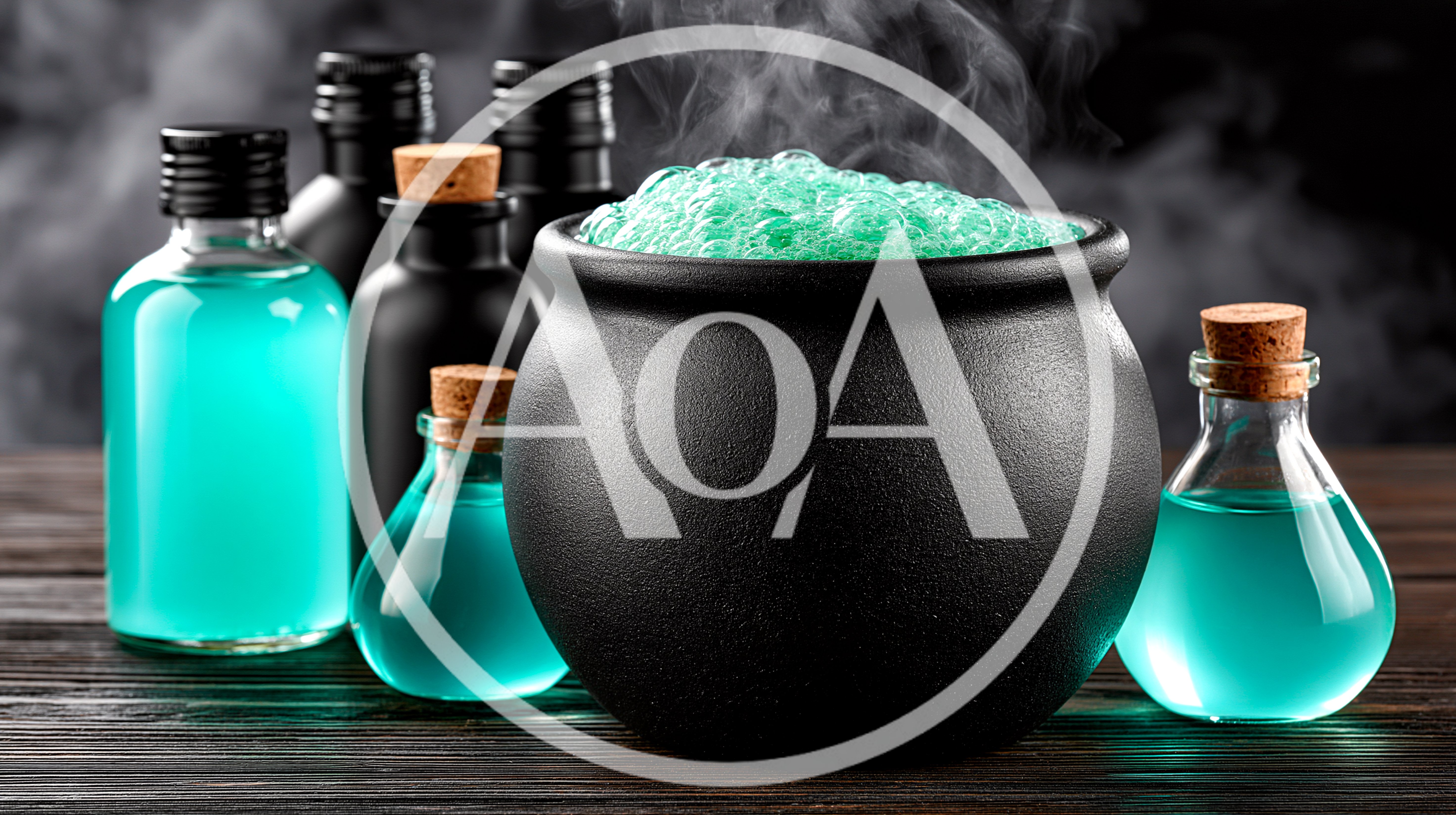 Black Cauldron With Bubbling Green Potion And Glass Bottles