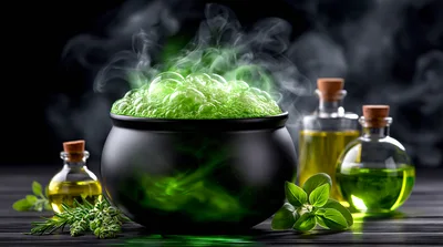 Bubbling Green Potion In A Black Cauldron