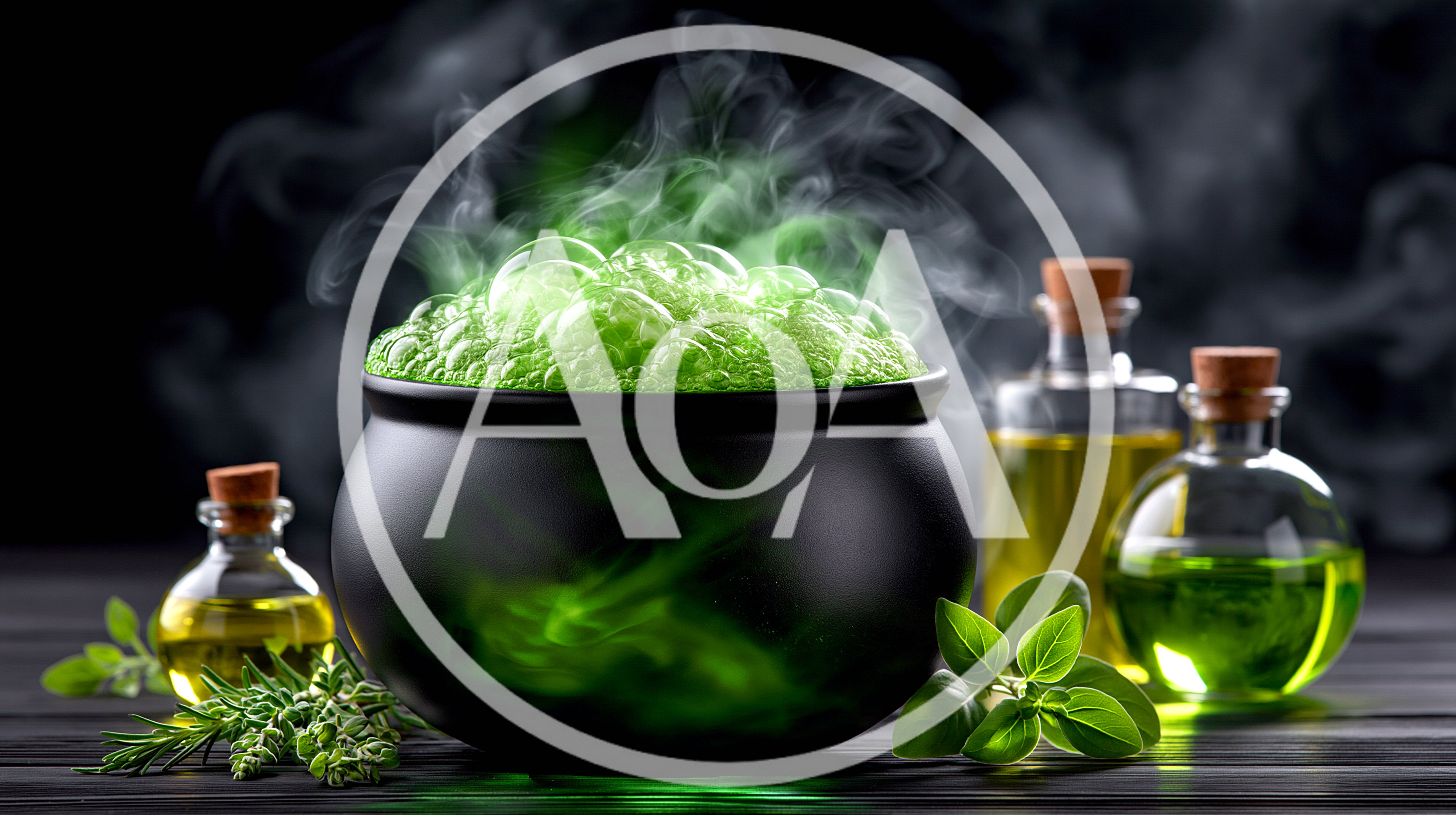 Bubbling Green Potion In A Black Cauldron