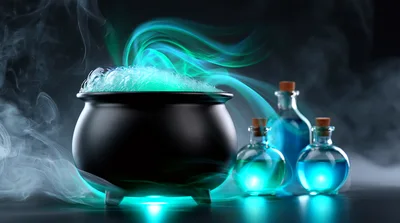 Witch Cauldron With Glowing Magic Potions