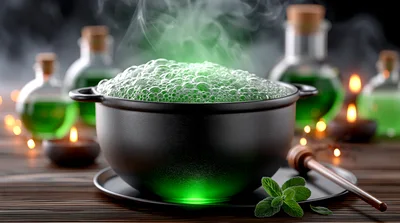 Bubbling Green Potion In A Black Cauldron