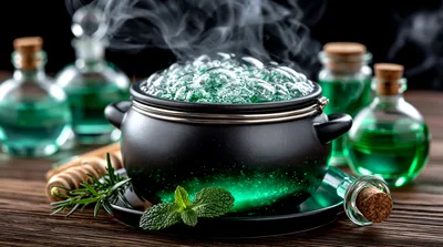 Witch Cauldron Bubbling With Green Magic Potion