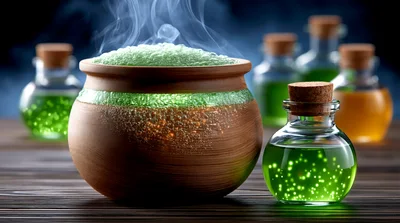 Steaming Clay Cauldron With Glowing Green Potion