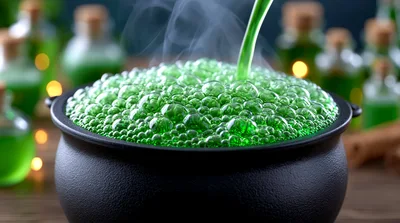 Green Potion Being Poured Into A Black Cauldron