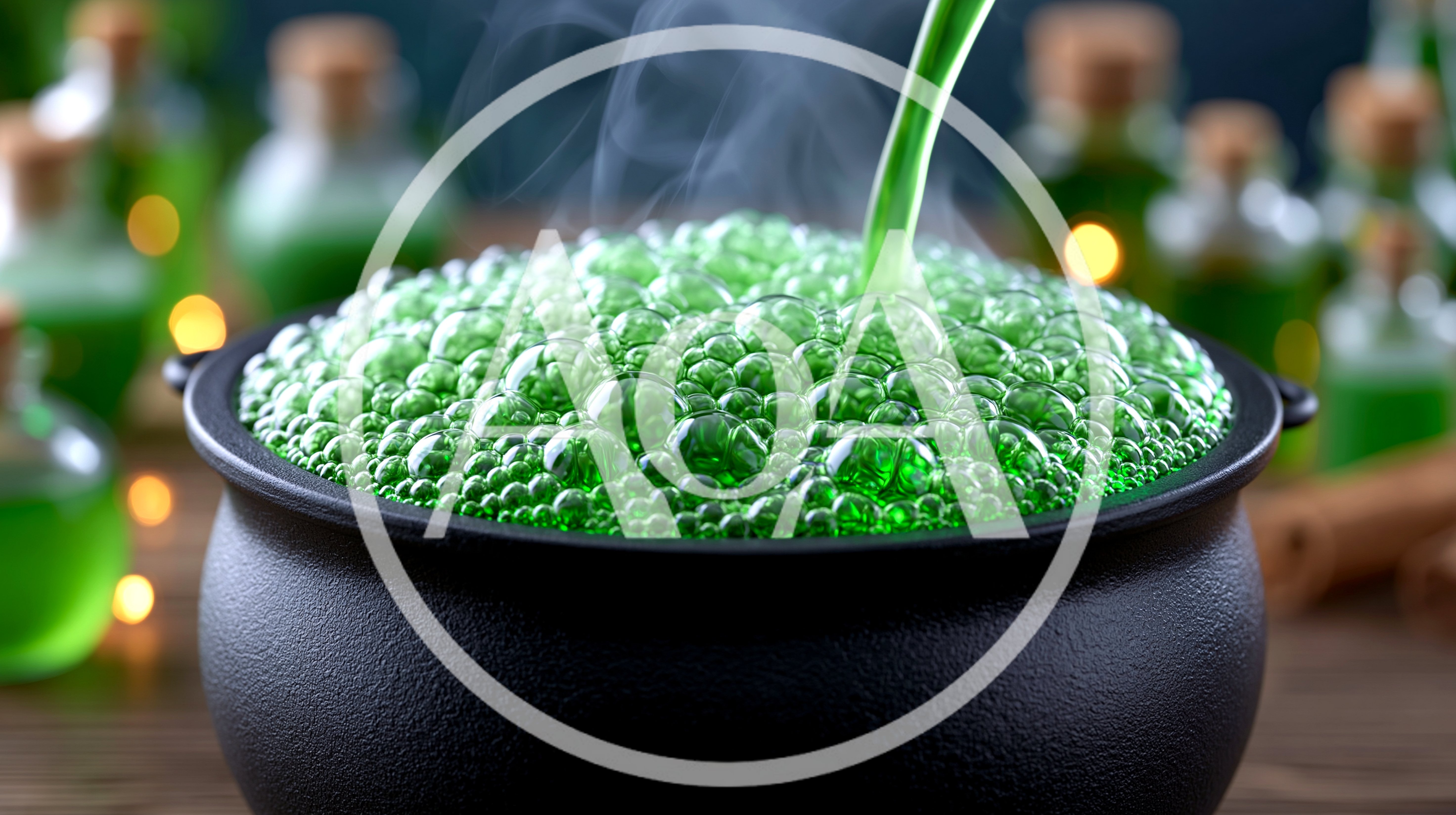 Green Potion Being Poured Into A Black Cauldron