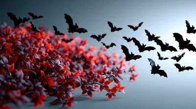 Flock Of Bats Emerging From Red Foliage