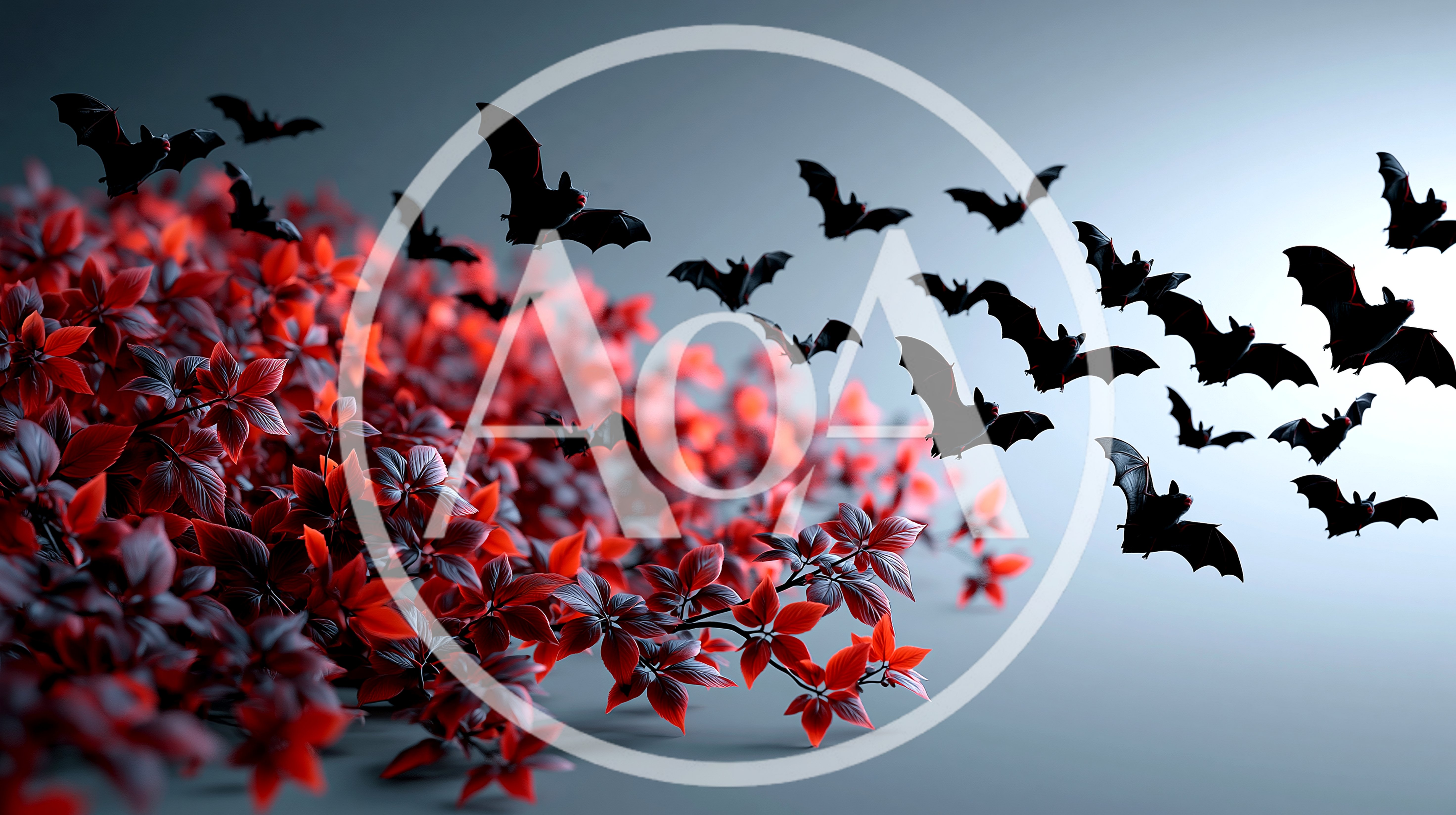 Flock Of Bats Emerging From Red Foliage