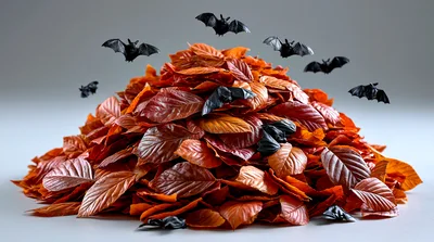Black Bats Flying Over A Pile Of Autumn Leaves