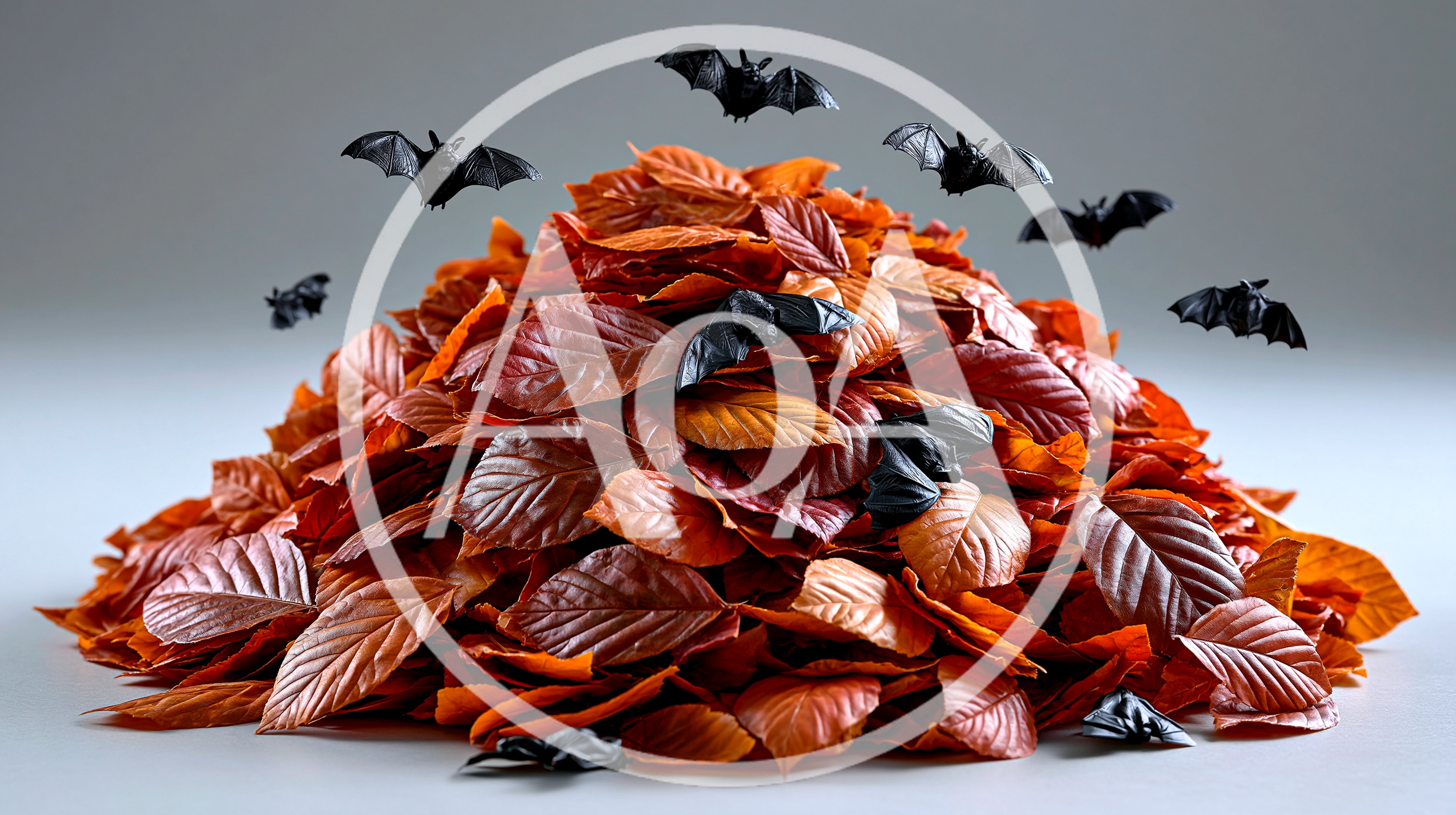 Black Bats Flying Over A Pile Of Autumn Leaves