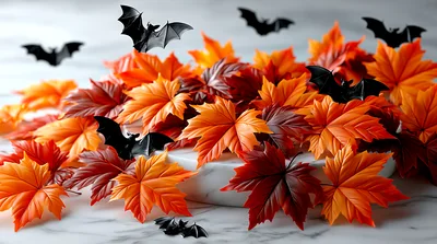 Halloween Decoration With Artificial Autumn Leaves And Bats