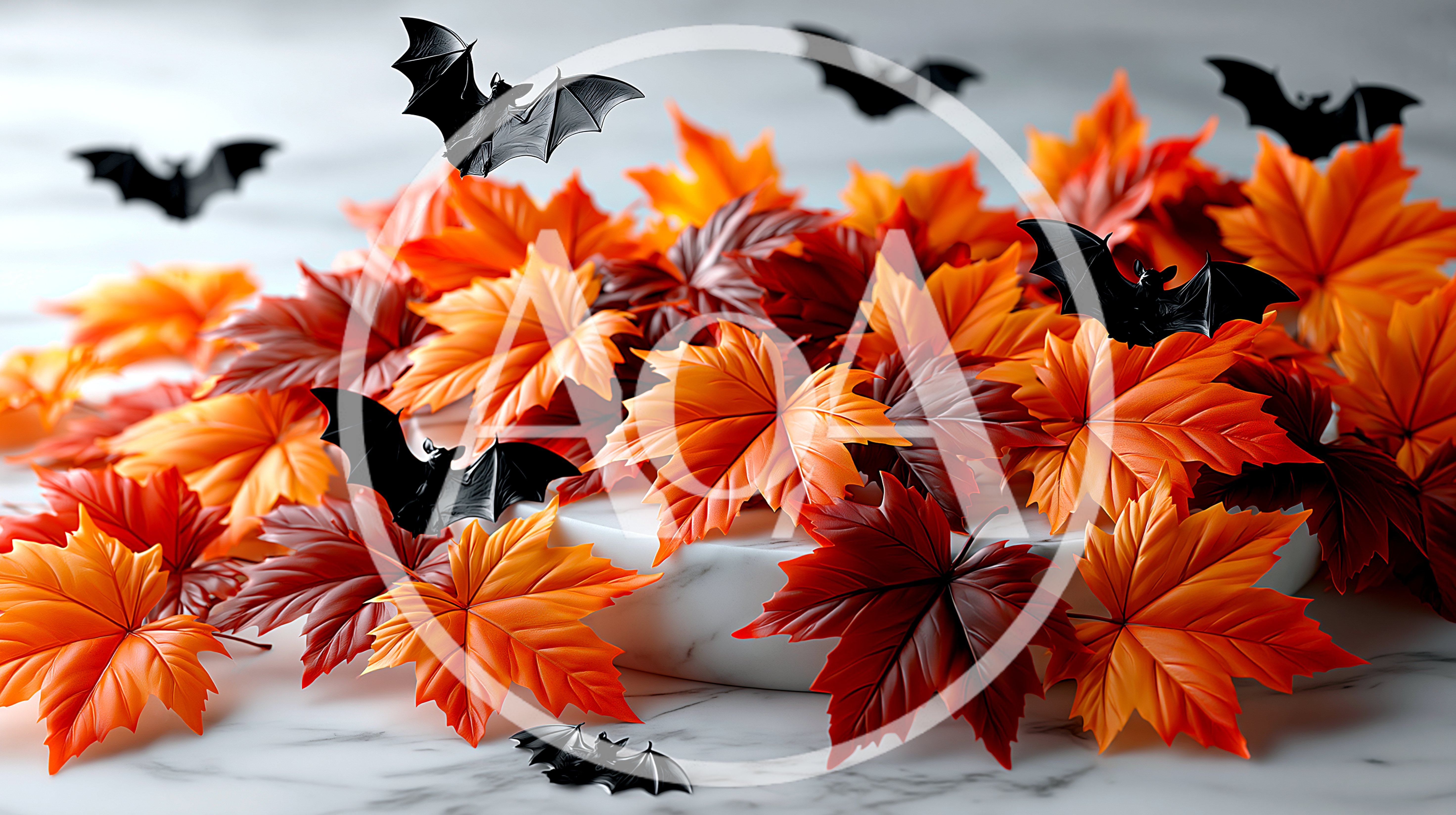 Halloween Decoration With Artificial Autumn Leaves And Bats