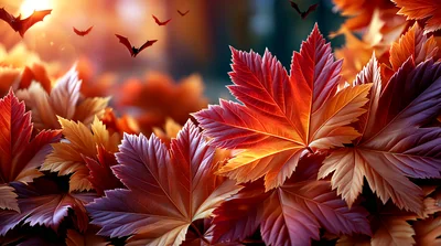 Autumn Maple Leaves With Flying Bats Background