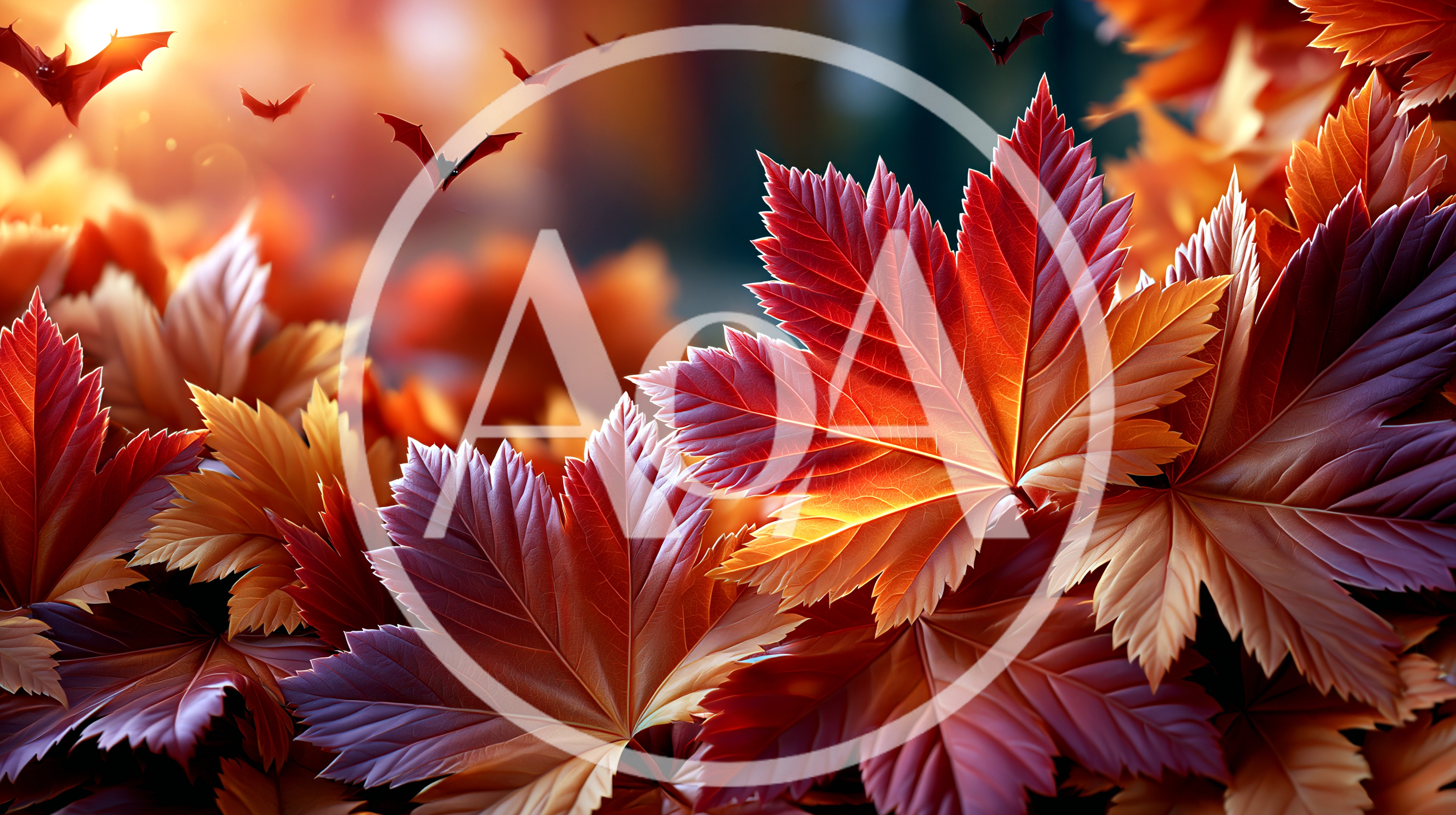 Autumn Maple Leaves With Flying Bats Background