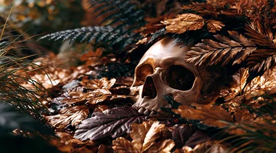 Human Skull Resting Among Autumn Leaves And Ferns