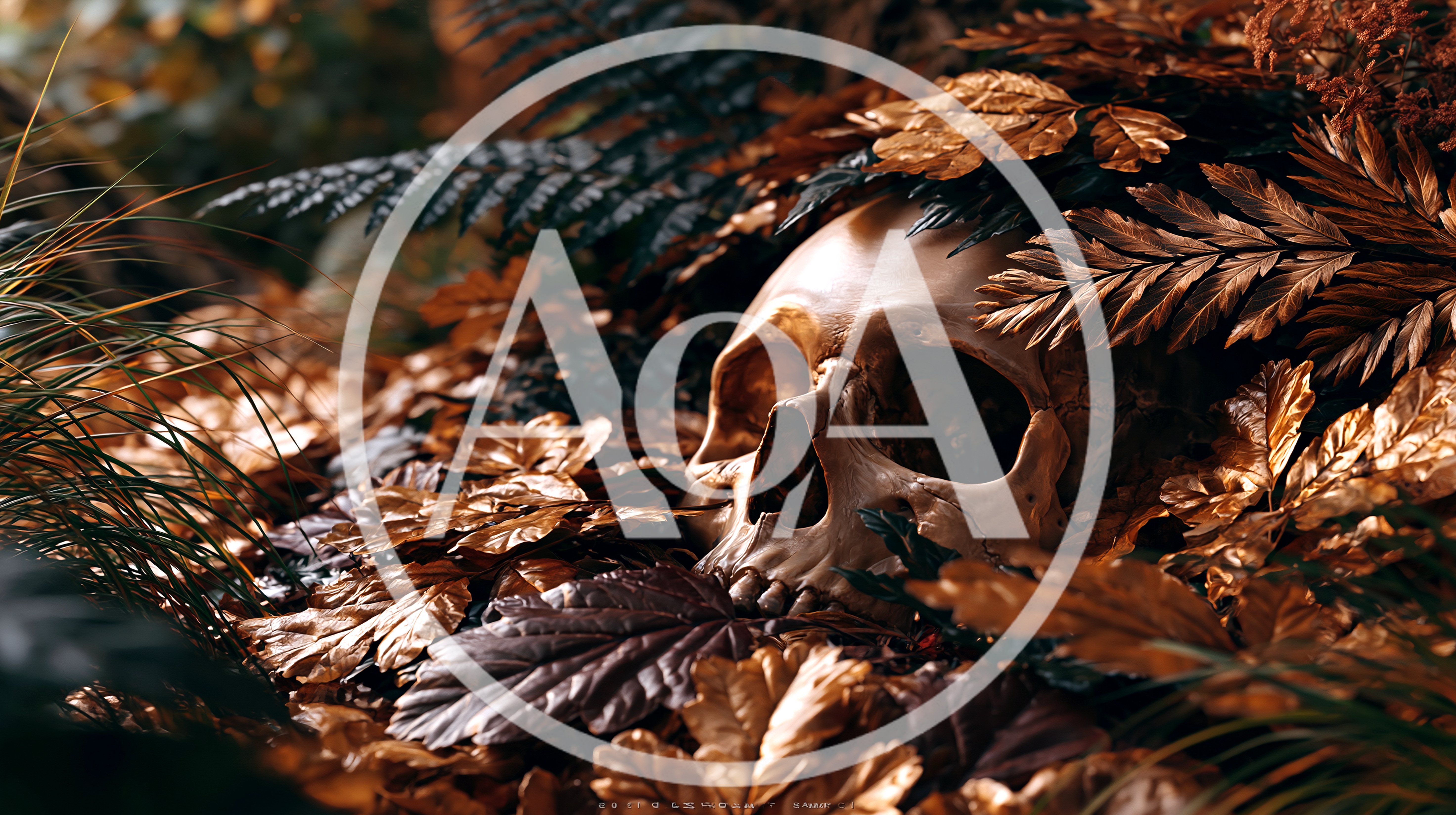 Human Skull Resting Among Autumn Leaves And Ferns