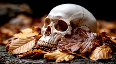 Human Skull Resting On Fallen Autumn Leaves