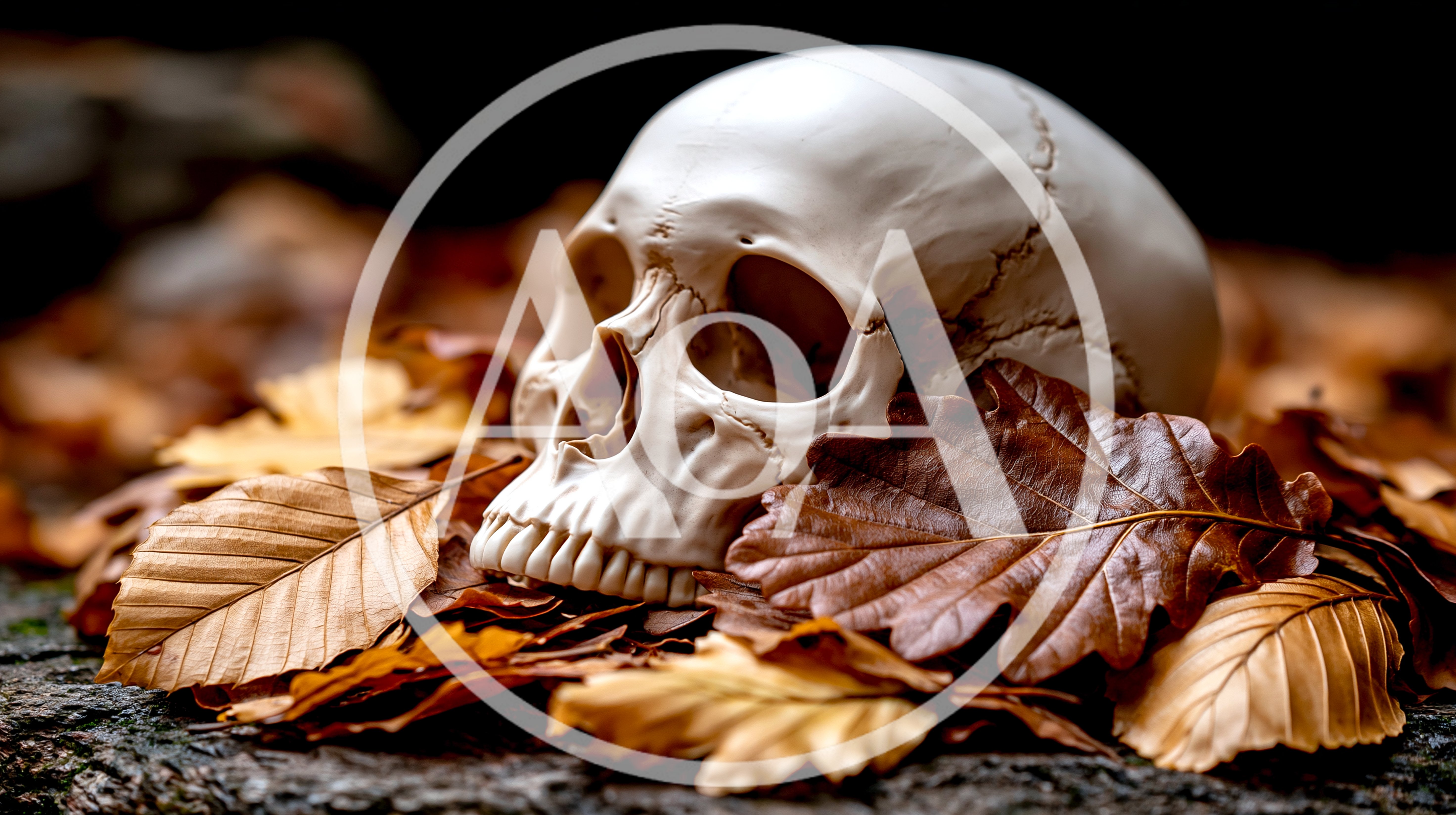 Human Skull Resting On Fallen Autumn Leaves