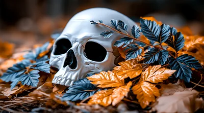 Human Skull Resting Among Autumn Leaves