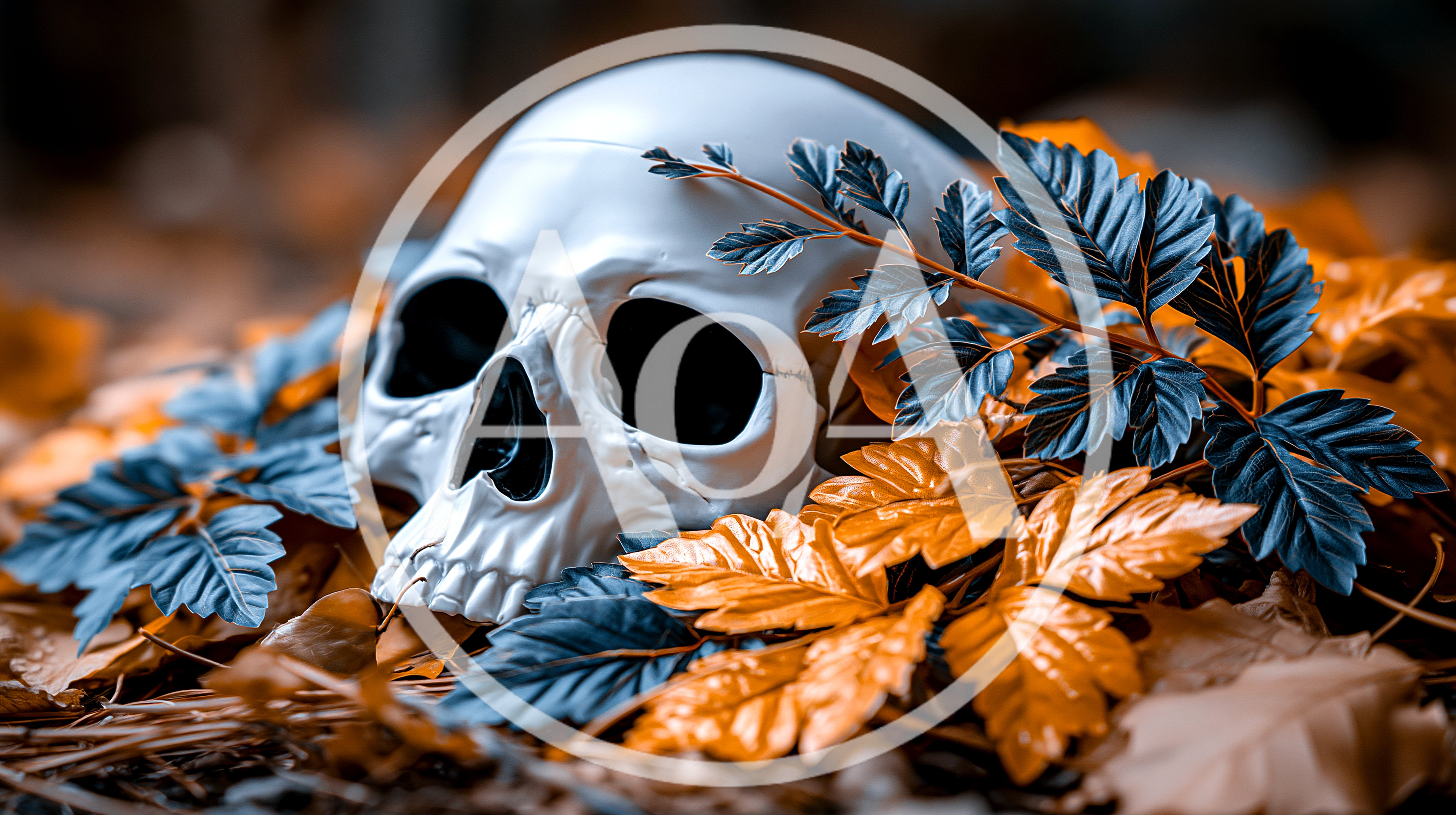 Human Skull Resting Among Autumn Leaves