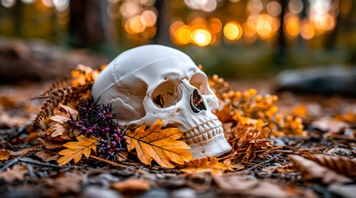 Human Skull Resting Among Autumn Leaves In Forest