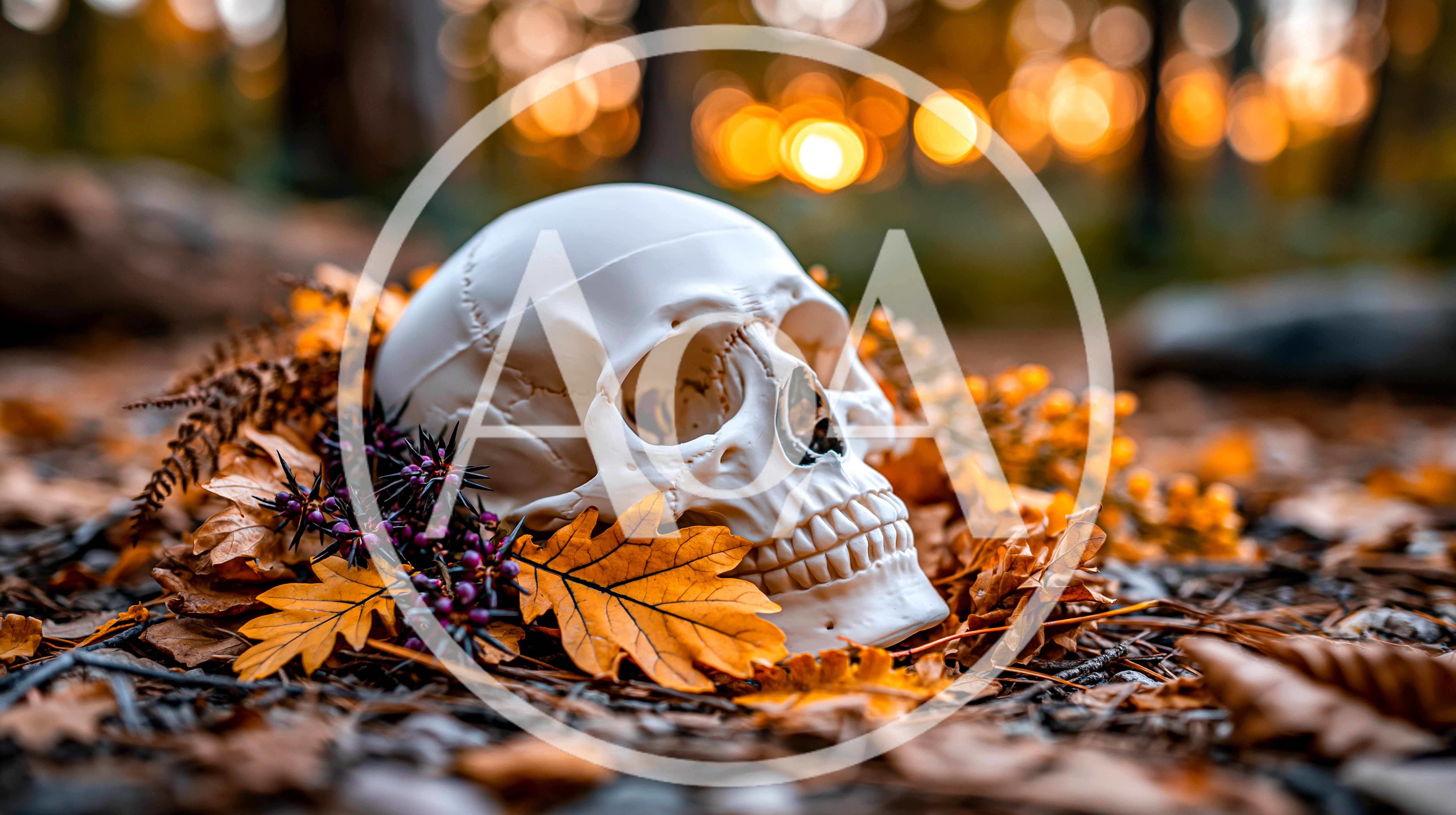 Human Skull Resting Among Autumn Leaves In Forest