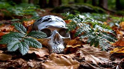 Silver Human Skull Resting On Forest Floor