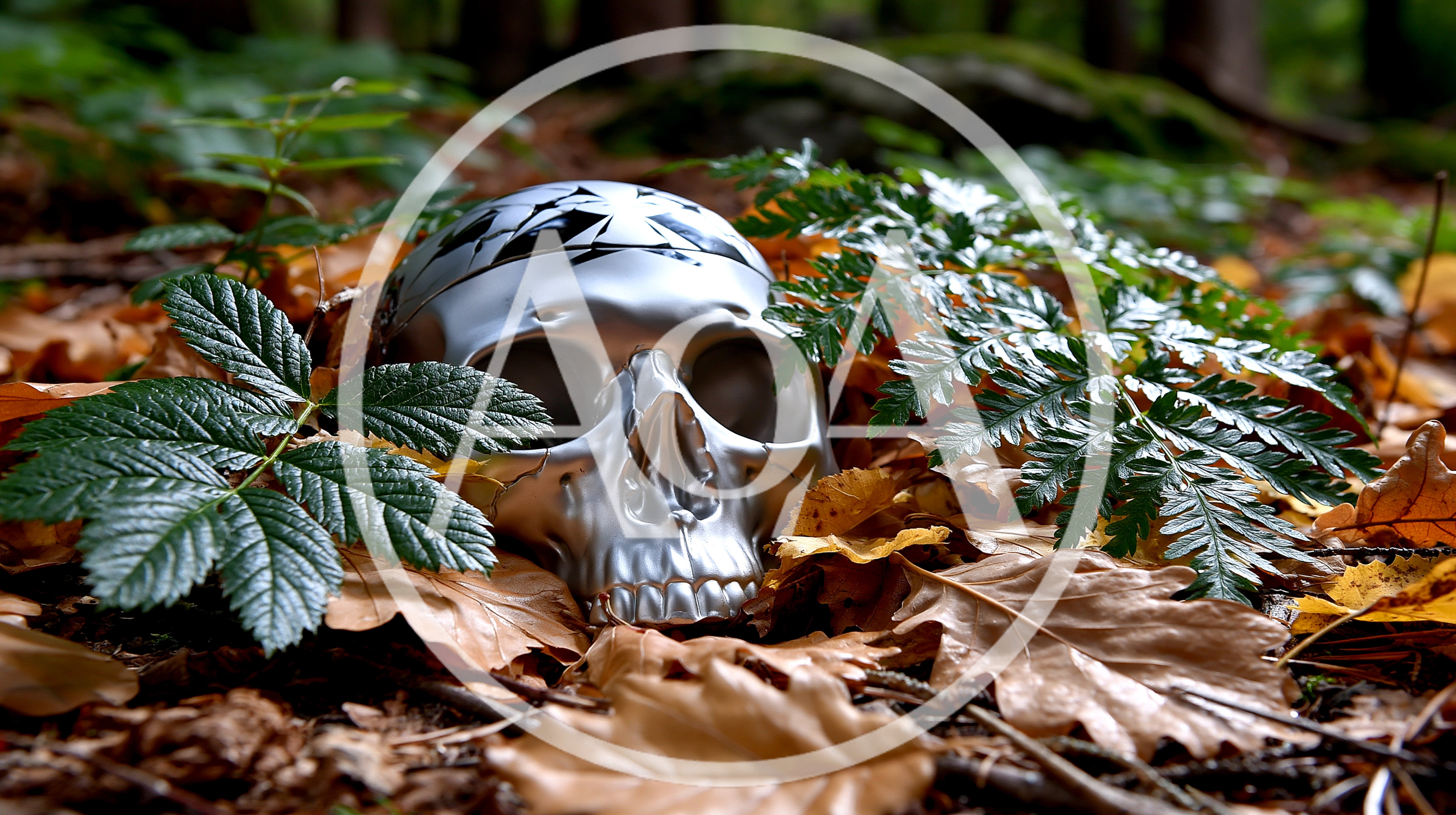 Silver Human Skull Resting On Forest Floor