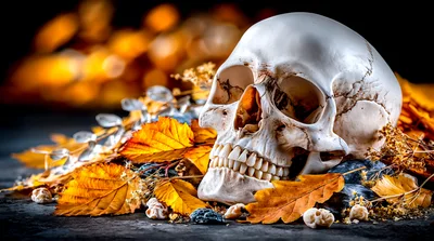 Human Skull Resting Among Autumn Leaves